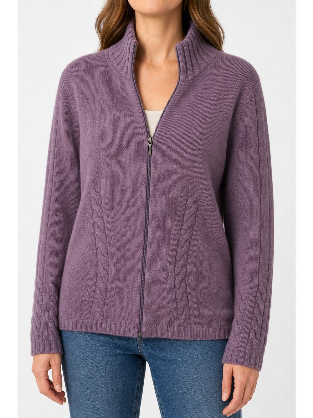 Eddie Bauer 100% Lambswool Full Zip Cable Lavender Cardigan Women Large
